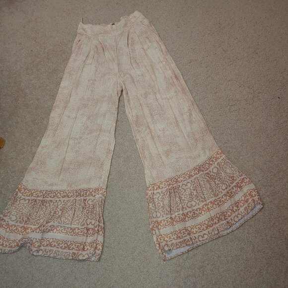 Free People Paisley Print Wide Leg Ruffled Palazzo Pull-On Pants Sz S Cream Tan - Picture 6 of 9